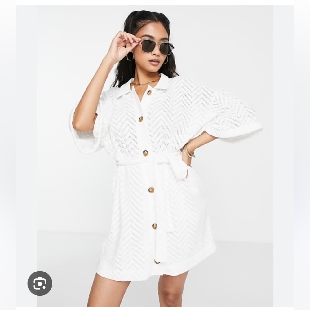 ASOS DESIGN crochet mini shirt dress with belt in ivory